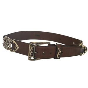 Brighton Women’s Art Nouveau Belt brown Leather Silver Swirl buckle Scroll Sz S